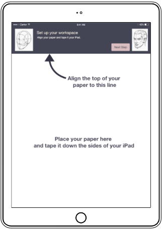 Prototype overview screen for Dra guiding a portrait sketch.