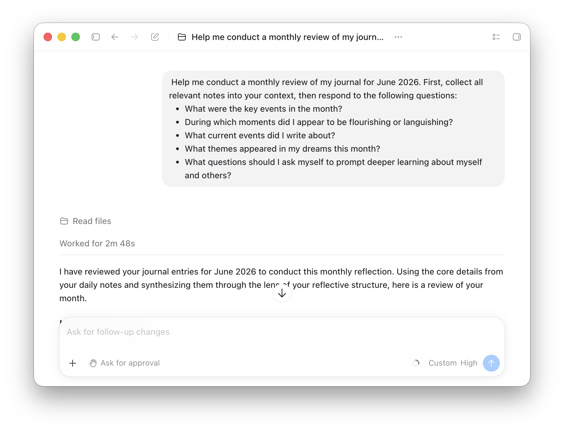 Codex app showing a prompt asking it to review June 2026 journal entries and identify key events, emotional patterns, current events, dream themes, and questions for deeper reflection.