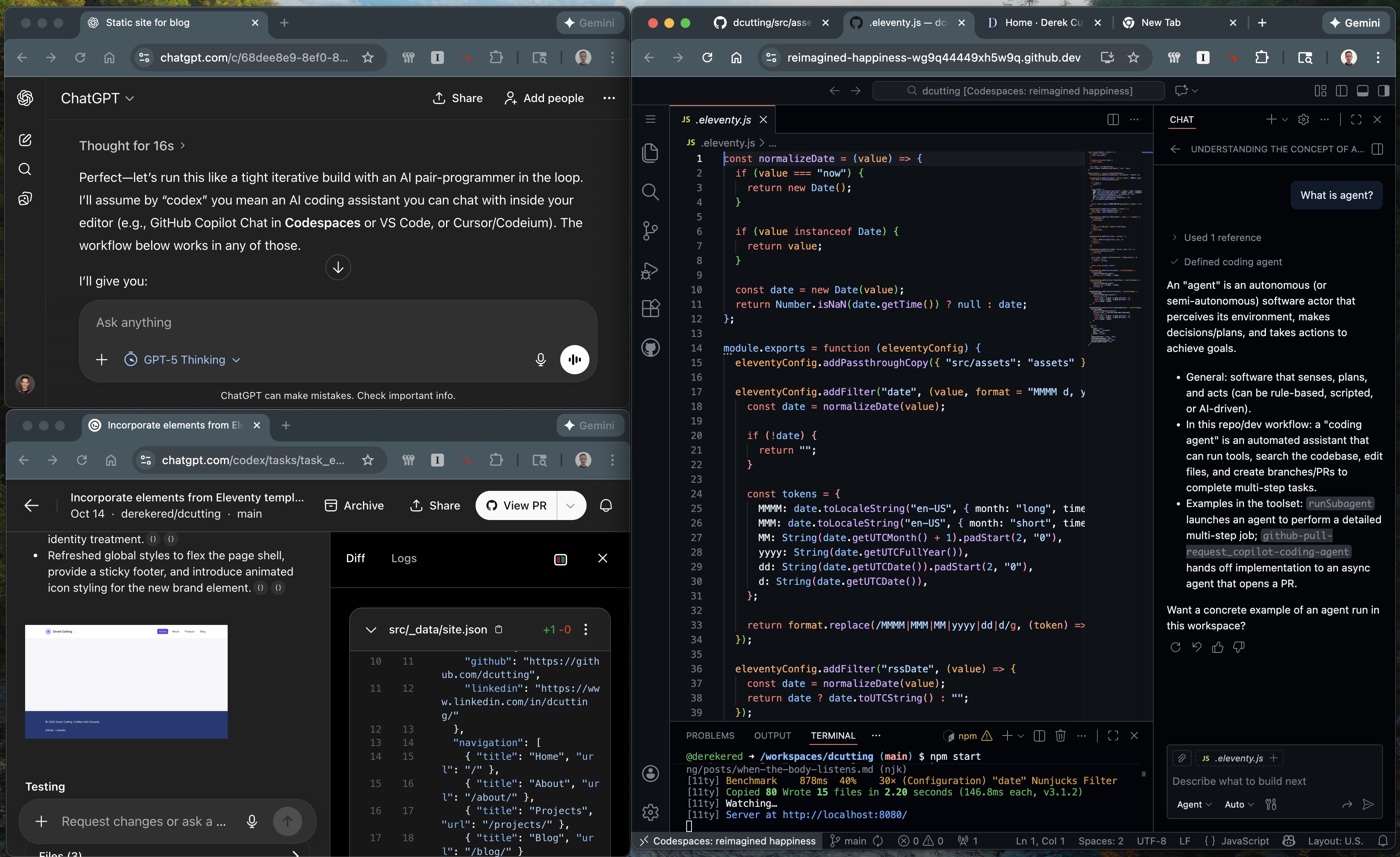Screenshot of my messy workspace, including Codex Web, ChatGPT, GitHub Codespace, and GitHub Agent.